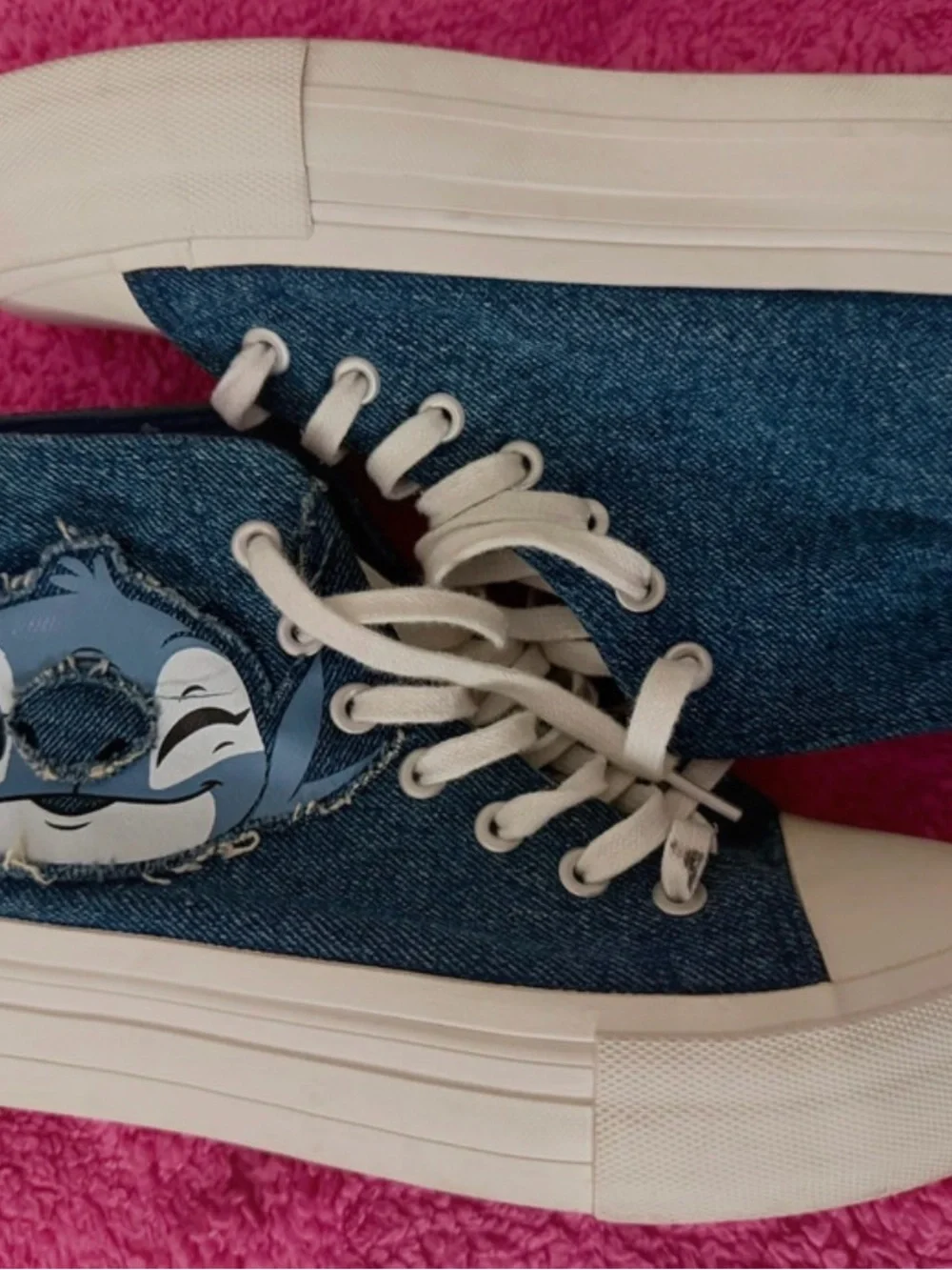Denim Platform Sneakers with Cartoon Patch - White Laces